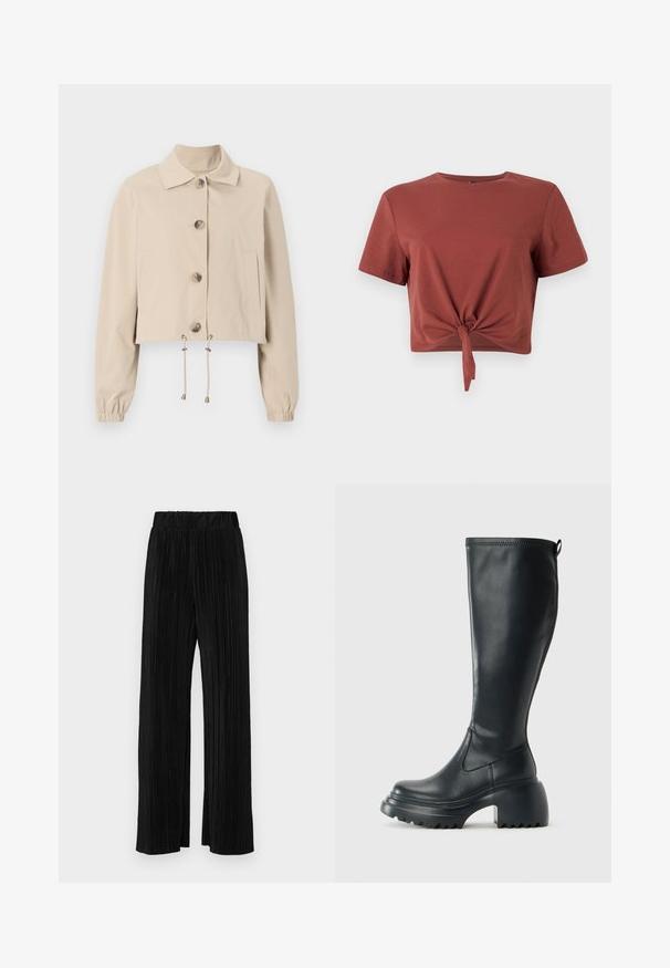 Beige cropped jacket with a collared neckline, large front buttons, elasticized cuffs, and drawstring hem. Features side pockets.; Rust-colored cropped t-shirt in soft cotton with short sleeves and a knotted front detail. Smooth texture, round neckline.; Black pleated trousers with an elastic waistband. Features wide legs and a smooth, textured fabric with vertical stripes.; Tall black leather boot with chunky platform sole and block heel, featuring pull tab and textured tread on outsole.