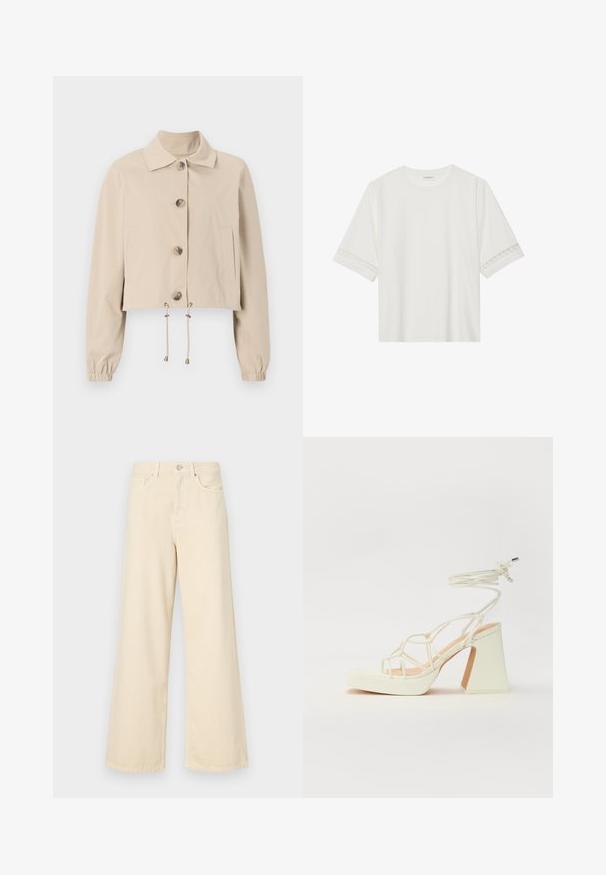 Jachetă bej scurtă cu guler și gât, butoane frontale mari, manșete elasticizate și tiv cu șnur. Include buzunare laterale.; Tricou alb cu mânecă scurtă, confecționat din bumbac, cu dantelă decorativă pe marginea mânecilor și un guler rotund.; Blugi bej cu croi larg, din bumbac. Au închidere cu nasture, bucle pentru curea și buzunare frontale, cu o textură netedă și moale.; Sandale albe cu toc înalt și gros, cu un design cu curele și legătură la gleznă. Textură netedă, cu o platformă frontală pentru înălțime suplimentară.