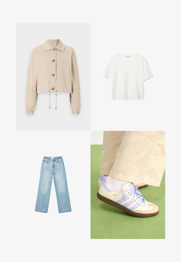 Bežová skrátená bunda s golierom, veľkými prednými gombíkmi, elastickými manžetami a sťahovacím lemom. Obsahuje bočné vrecká.; Biela krátkopsová tričko vyrobené z bavlny. Má okrúhly výstrih a voľný strih. Hladká textúra bez viditeľných vzorov alebo akcentov.; Svetlomodré džíny s širokými nohavicami a vysokým pásom, so zosvetlenou úpravou a malými, rozptýlenými poškodenými detailmi po celom obvode.; Krémovo-fialové tenisky so tromi pruhmi a štruktúrovanou hnedou podrážkou, s šnúrkami a polstrovaným opätkom. Mäkký textilný zvršok.