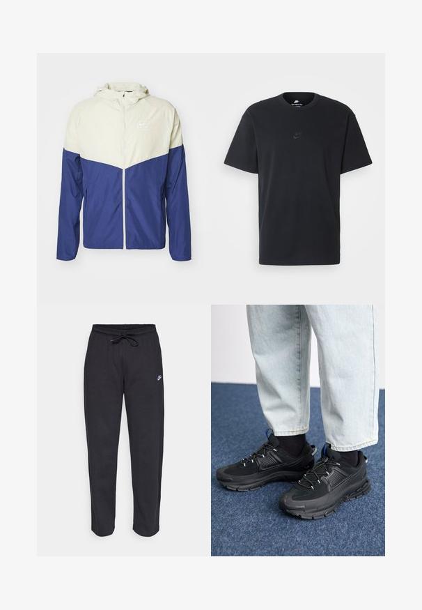 Corta-vento Nike com uma parte superior em creme e uma parte inferior em azul-marinho, com mangas longas, capuz e fecho frontal. Logotipo no peito.; T-shirt de algodão preto da Nike com um clássico decote redondo, mangas curtas e um logótipo em relevo discreto no peito. Textura suave.; Calças de treino pretas feitas de tecido suave, com faixa elástica na cintura, cordão regulador e um pequeno logótipo da Nike na coxa esquerda.; Sapatilhas desportivas pretas com tecido texturizado e solas em borracha, apresentando atacadores elásticos e um detalhe azul no calcanhar. Usadas com calças de ganga claras.