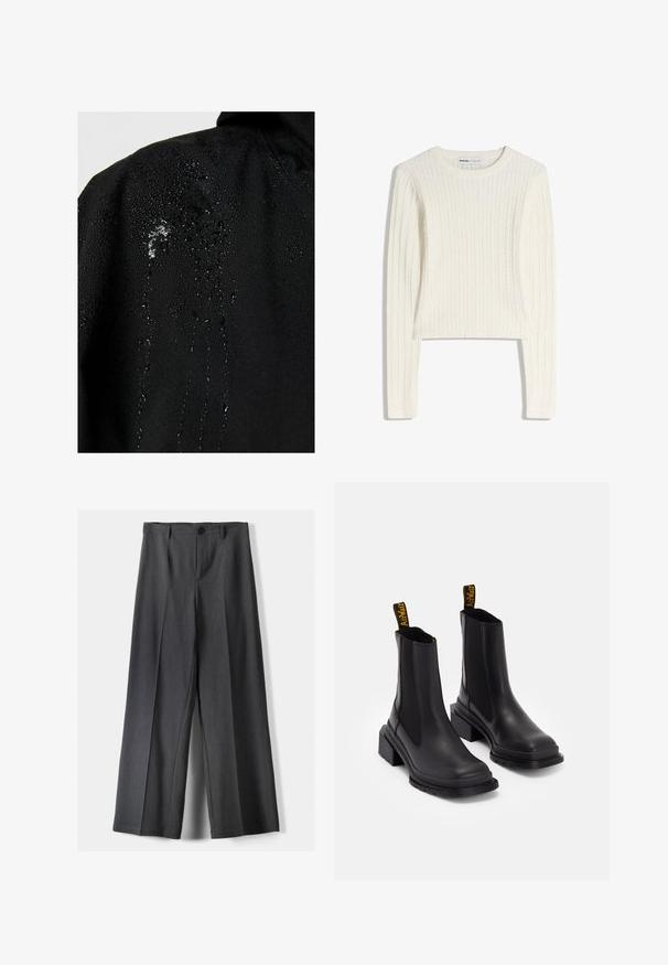 Crna vodootporna jakna s kapljicama vode koje se skupljaju na tkanini, prikazujući glatku teksturu i minimalne dizajnerske karakteristike.; Bijeli džemper s pletenim uzorkom, dugim rukavima, okruglim izrezom i rebrastom teksturom. Skratjeni kroj dodaje moderan izgled.; Hlače širokih nogavica od tamnosive tkanine, s kopčanjem na gumb, prednjim plisiranjima i petljama za remen. Glatka tekstura s krojem.; Crne gležnjače od glatke kože s elastičnim bočnim panelima, kvadratnom kapicom i debelim potplatom. Sadrže žute brendirane ručke.