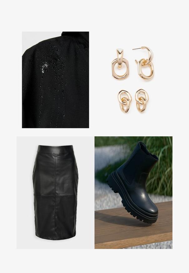 Musta vedenpitävä takki, jossa on vettä helmiäisenä kankaalla, esittäen liukasta tekstuuria ja vähäisiä muotoiluelementtejä.; Vaaleansininen lyhyt neulepaita, jossa on tasainen kaulus ja viisi nappikiinnitystä. Pitkät hihat ja resorikuviollinen helmareuna.; Musta nahkahame, jossa on sileä pinta, korkea vyötärö ja ommellut saumat, jotka luovat hillityn ja rakenteellisen muodon.; Mustaa nahkaa oleva nilkkabotti, jossa on paksu pohja, venytyskaarit ja sileä pinta. Kohotettu muotoilu, jossa on kontrastivärit pohjan yksityiskohdissa.; Korukkeet kultasävyisiä, joissa on sekoitus geometrisia muotoja: neliö, ympyrä ja linkitetyt soikio-designit kiiltävällä pinnalla.