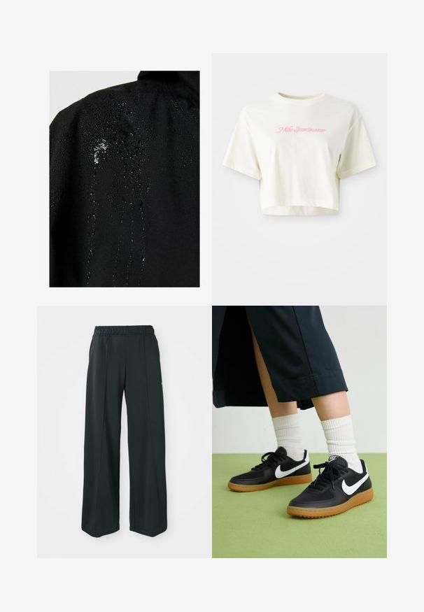 Črna vodoodporna jakna z kapljicami vode, ki se oblikujejo na tkanini, kar prikazuje gladko teksturo in minimalne oblikovne značilnosti.; Skrajšana, krema barve majica iz bombaža. Ima roza vezen logotip z napisom "Nike Sportwear." Ima kratke rokave in okroglo ovratnik.; Črne široke športne hlače z elastičnim pasom. Narejene iz gladkega, raztegljivega materiala, z diskretno sprednjo šivanko in brez žepov.; Črne usnjene in sintetične superge z belim Nike swooshom, gumo na podplatu, okroglo konico ter črnimi vezalkami. Vidne so rebraste bele nogavice.