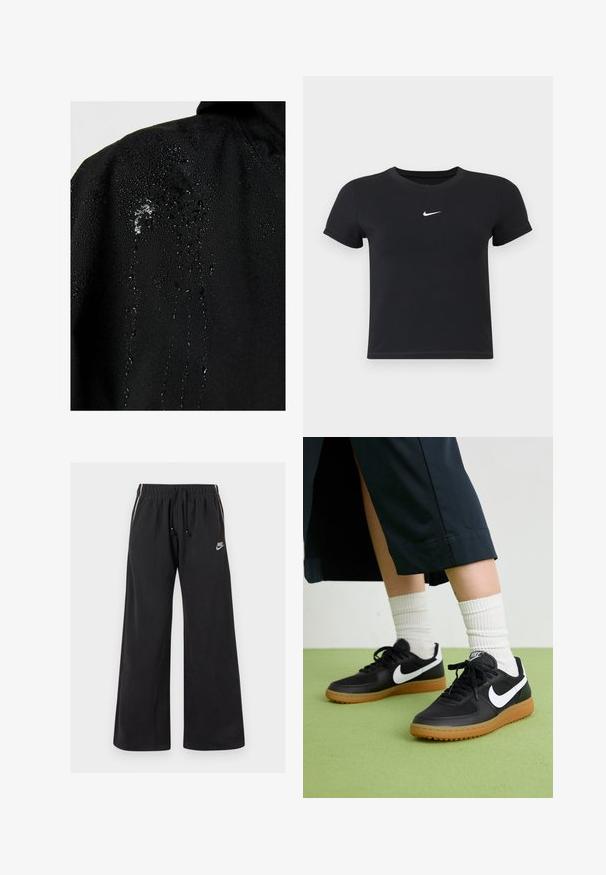 Sort vandtæt jakke med vanddråber, der perler på stoffet, som viser en glat tekstur og minimale designelementer.; Sort kortærmet t-shirt lavet af bomuld med rund hals. Har et hvidt Nike-logo på brystet, minimalistisk design og tætsiddende pasform.; Sorte sweatpants lavet af blødt stof, med en elastisk talje og snøre, sidestriber og et lille logo på venstre front.; Sorte læder- og syntetiske sneakers med hvid Nike swoosh, gummisål, rund tå og sorte snørebånd. Ribbede hvide sokker synlige.