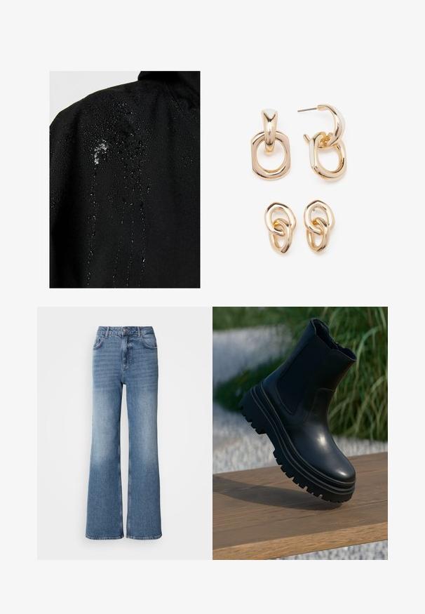 Czarna wodoodporna kurtka z kroplami wody osadzonymi na materiale, z gładką teksturą i minimalistycznym wzornictwem.; Biała koszulka z krótkim rękawem, okrągłym dekoltem, luźny krój, wykonana z miękkiej bawełny. Gładka tekstura, bez wzorów ani logo.; Mos Mosh MAI granatowy; Czarny skórzany botek za kostkę z masywną podeszwą, elastycznymi bocznymi panelami i gładkim wykończeniem. Podwyższony design z kontrastowymi detalami bieżnika.; Złote kolczyki z mieszanką geometrycznych kształtów: kwadrat, okrąg i połączone owalne wzory z polerowanym wykończeniem.