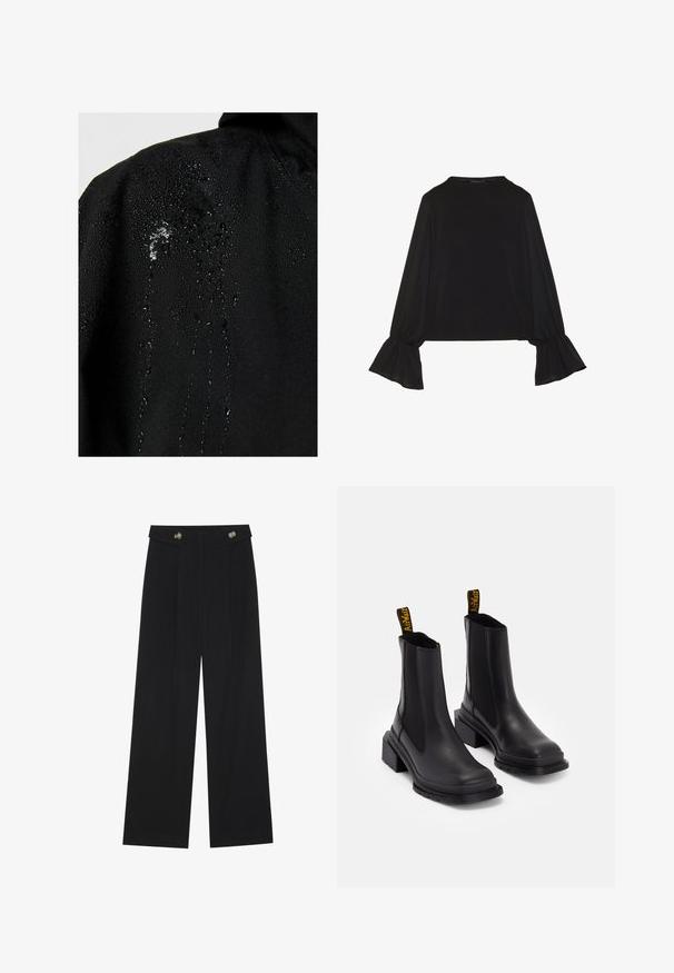 Must mustem jacket, mille peal on veepiisad, mis moodustavad kanga pinnale tilkade kujul, näidates sujuvat tekstuuri ja minimaalseid kujunduselemente.; Mustsärgid musta tooniga, pika varrukaga, flöödid käised, pehme tekstuur ja vabalt langev lõige, lihtsa ümaraga kaelusega.; Mustad laiad püksid kõrge vöökoha ja nööpdetailidega vööandil, esikortsudega.; Must have väikesed mustad nahast sokkjalatsid, millel on elastsed külgpaneelid, ruudukujuline nina ja jäme heel. Omab kollaseid bränditud tõmbeauke.