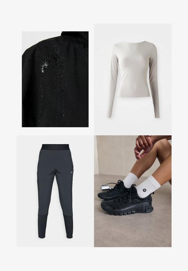 Sort vandtæt jakke med vanddråber, der perler på stoffet, som viser en glat tekstur og minimale designelementer.; Lys grå langærmet top lavet af glat, let stof med rund udskæring og tætsiddende silhuet. Kanten er let udskåret i bunden.; Nike træningsbukser i mørkegrå, med en tætsiddende ben-design, elastisk talje og detaljer ved manchetterne.; Sorte træningssko med struktureret stof, snørebåndsdesign og en markant sål, parret med hvide ribbede sokker med et lille logo.