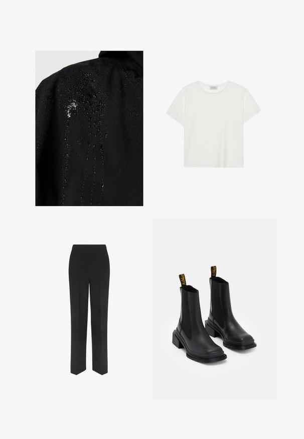 Schwarze wasserdichte Jacke mit Wassertropfen, die auf dem Stoff perlen, und einer glatten Oberfläche sowie minimalen Designelementen.; Weißes T-Shirt mit kurzen Ärmeln aus weicher Baumwolle. Verfügt über einen runden Halsausschnitt und eine lockere Passform. Sauberes Design ohne sichtbare Muster oder Akzente.; Schwarze Hose mit geradem Schnitt, versehen mit einem einfachen Bund und ohne sichtbare Taschen, präsentiert vor einem weißen Hintergrund.; Schwarze Knöchelstiefel aus glattem Leder mit elastischen Seitenpaneelen, einer quadratischen Zehenpartie und einem klobigen Absatz. Enthält gelbe Marken-Zuglaschen.