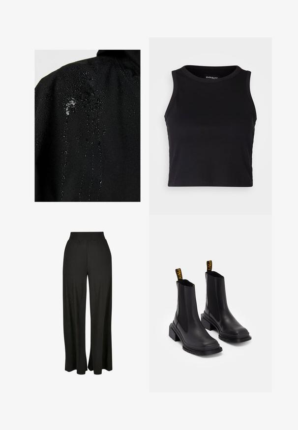 Schwarze wasserdichte Jacke mit Wassertropfen, die auf dem Stoff perlen, und einer glatten Oberfläche sowie minimalen Designelementen.; Schwarzes, geripptes Cropped Tanktop mit rundem Ausschnitt und ärmellosem Design. Hergestellt aus weichem, dehnbarem Material, mit sauberen, gekettelten Kanten.; Schwarze weit geschnittene Hose mit vertikal geripptem Textur und elastischem Hohe Taille. Verfügt über seitliche Taschen und ein fließendes Stoffdesign.; Schwarze Knöchelstiefel aus glattem Leder mit elastischen Seitenpaneelen, einer quadratischen Zehenpartie und einem klobigen Absatz. Enthält gelbe Marken-Zuglaschen.