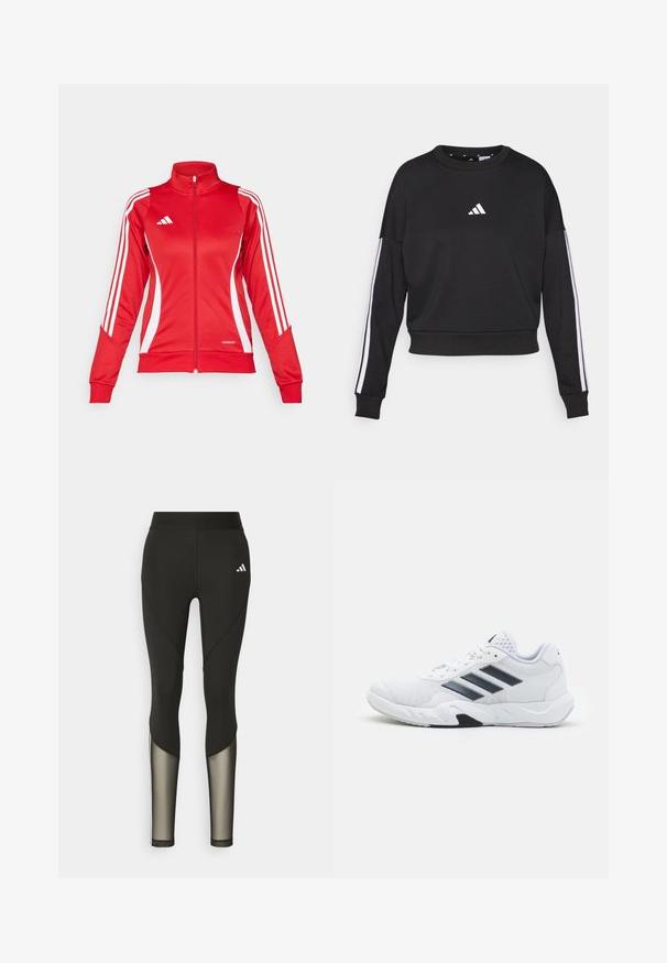 Crvena atletska jakna s visokim ovratnikom, punim zatvaračem, bijelim bočnim trakama i Aeroready logotipom na donjem rubu. Izrađena od glatkog materijala.; Crna dukserica dugih rukava, s okruglim izrezom, bijelim Adidas logotipom na prsima i bijelim trakama duž rukava. Mekana tekstura.; Crne atletske tajice s visokim strukom, sa mrežastim detaljima na donjim nogavicama i izvezenim logotipom na kuku.; Bijela atletska cipela s mrežastim gornjim dijelom, tri crne pruge sa strane, strukturirani detalji i čvrst gumeni potplat s kontrastnim crnim dijelom.