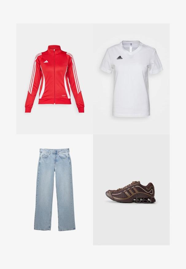Rote Sportjacke mit hohem Kragen, durchgehendem Reißverschluss, weißen Seitenstreifen und einem Aeroready-Logo am unteren Saum. Hergestellt aus glattem Stoff.; Weißes Baumwoll-T-Shirt mit V-Ausschnitt, kurzen Ärmeln und schwarzem Adidas-Logo auf der linken Brustseite. Glatte Textur, klassische Passform.; Helleblaue Denim-Jeans mit weit geschnittenem Design, ausgestattet mit einem Knopf- und Reißverschluss, fünf Taschen und minimalen Nähten.; Brauner Sportschuh mit Mesh- und Synthetik-Obermaterial, mit drei Streifen, detaillierter Steppnaht, dämpfender Sohle und charakteristischem federndem Absatz.