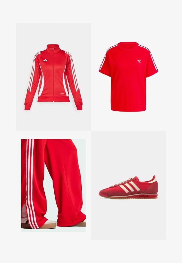 Red athletic jacket with a high collar, full zip, white side stripes, and an Aeroready logo on the lower hem. Made of smooth fabric.; Red cotton t-shirt with a round neckline, short sleeves, white three-stripe accents on shoulders, and a small white logo on the chest.; Red track pants with white stripes along the sides, featuring a loose fit and zipper detail at the hem. Worn with light-colored athletic shoes.; Red athletic sneaker with a textured upper, three white stripes, round toe, and a rubber sole with logo detailing on the side.