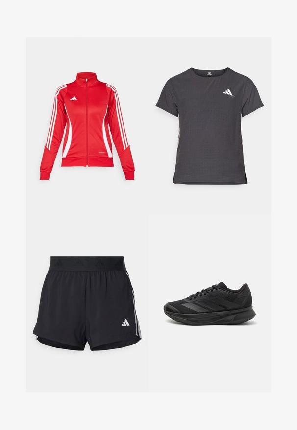 Punainen urheilutakki, jossa on korkea kaulus, koko vetoketju, valkoiset sivusuunnat ja Aeroready-logo alahelmassa. Valmistettu sileästä kankaasta.; Lyhythihainen urheilupaita, tummanharmaa, jossa on reikäkudot. Ominaisuuksina valkoinen logo ja kontrastiväriset sivusuunnat. Pyöreä pääntie.; Mustat urheilushortsit, joissa on joustava vyötärö, jossa on teksturoitu nauha, sivuraidat ja valkoinen Adidas-logo alahelman kohdalla.; Mustat juoksukengät, joissa on hengittävä verkkoyläosa, pyöreä varvas, sulavalinjainen muotoilu, teksturoidut yksityiskohdat ja pehmustettu pohja mukavuutta varten.