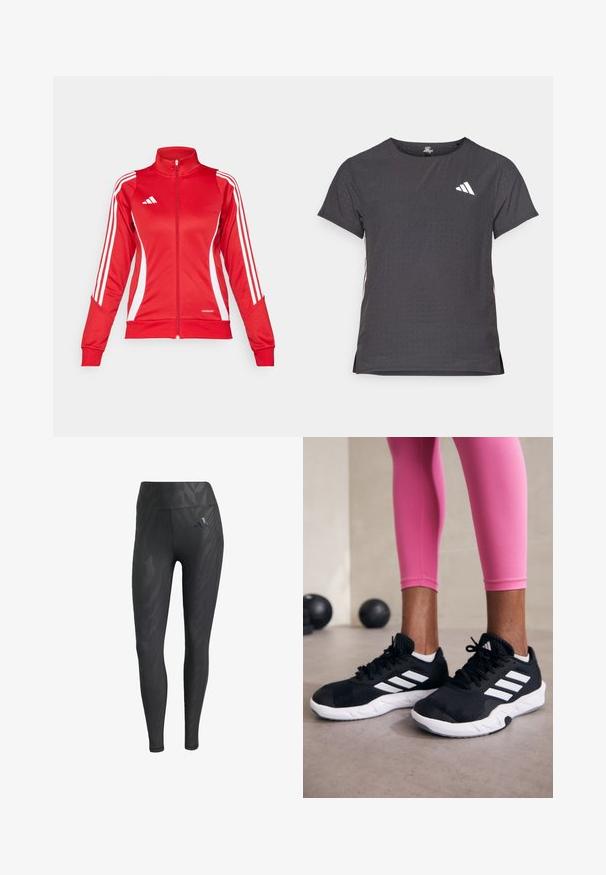 Rote Sportjacke mit hohem Kragen, durchgehendem Reißverschluss, weißen Seitenstreifen und einem Aeroready-Logo am unteren Saum. Hergestellt aus glattem Stoff.; Kurze Ärmel Sport-T-Shirt, dunkelgrau mit durchbrochener Textur. Enthält ein weißes Logo und kontrastierende Seitenstreifen. Runder Ausschnitt.; Schwarze Leggings mit einem tonalen Zebra-Muster, hoher Taille, glatter Textur und einem Adidas-Logo auf der linken Hüfte. Aus dehnbarem Material hergestellt.; Schwarze Sportschuhe mit weißen Streifen, strukturiertem Mesh-Obermaterial und einer weißen Sohle. Kombiniert mit pinken Leggings, die Trainingsbekleidung zur Schau stellen.