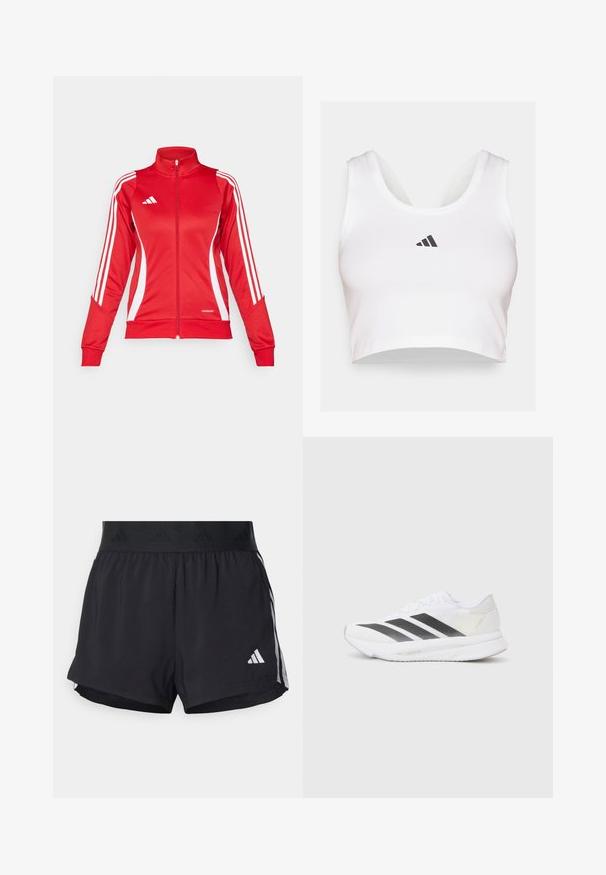 Κόκκινο αθλητικό μπουφάν με ψηλό γιακά, πλήρη φερμουάρ, λευκές λωρίδες στο πλάι και λογότυπο Aeroready στο κάτω μέρος. Φτιαγμένο από αθλητικό ύφασμα.; Λευκό κοντομάνικο μπλουζάκι από μαλακό ύφασμα, με στρογγυλή λαιμόκοψη και μαύρο λογότυπο Adidas στο μπροστινό μέρος. Λείο υλικό, χωρίς μανίκια.; Μαύρο αθλητικό σορτσάκι με ελαστική μέση, διαθέτει υφασμάτινη ζώνη, λωρίδες στα πλάγια και λευκό λογότυπο της Adidas στο κάτω μέρος.; Λευκό αθλητικό παπούτσι με μαύρες διαγωνιές ρίγες, άνω τμήμα από πλέγμα, στρογγυλή μύτη και υφή στο πέλμα. Σημεία έμφασης περιλαμβάνουν μια ασημένια φτέρνα και μινιμαλιστικό σχέδιο.