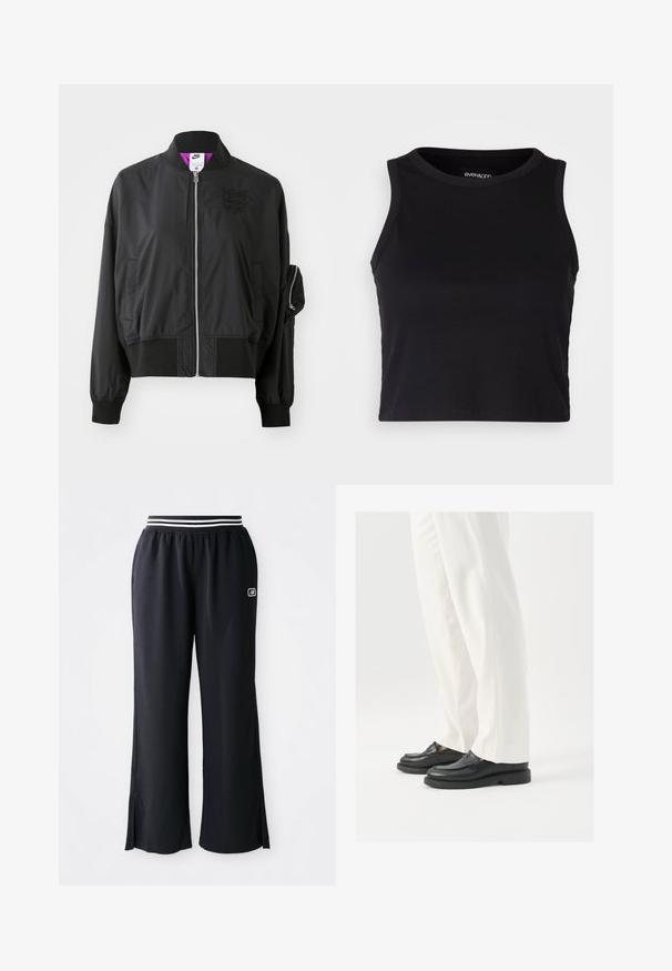 Must musta jakki, millel on tõmblukk ees, püsti krae, elastsed mansetid ja küljetasku. Omab sujuvat, siledat tekstuuri ja diskreetset brändimist.; Mustard ribaga lõhikuga crop top, millel on ümar kaelus ja ilma varrukateta disain. Valmistatud pehmest ja venivast kangast, millel on puhtad äärised.; Mustad sportpüksid laia sääre disainiga, elastse vöökoha, kus on mustad ja valged triibud, ning külgslõikega all ääres.; Mustad musta nahast loafers, millel on sile tekstuur, õmblustäiendused ja ümar nina, koos valgete kohandatud pükstega.