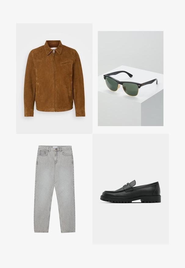 Schott Leather jacket - rust; Two short-sleeve shirts: one solid black, one white with black vertical stripes. Both feature button closures and a classic collar.; Light grey denim pants with a straight-leg design, five-pocket styling, and a button closure. Visible stitching along the seams.; Black leather loafers with a rounded toe, featuring a stitched design, low platform sole, and a textured, lugged rubber outsole.; Ray-Ban sunglasses with green lenses, black plastic frames, and gold accents at the edges. Square shape with a matte finish.