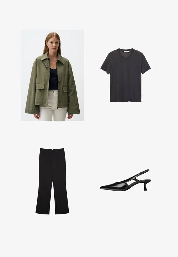 Olive green jacket made of textured fabric, featuring a zip closure, two front pockets, and a wide collar. Worn over a navy top.; Black crew-neck t-shirt made of soft cotton. Short sleeves, relaxed fit, and straight hem with no embellishments or patterns.; Black trousers with a straight fit, featuring front pockets and side slits at the hem. Made of soft, smooth fabric. Suitable for various occasions.; Black patent leather slingback heels with a pointed toe, cut-out side design, and a small square heel. Smooth texture with minimal accents.