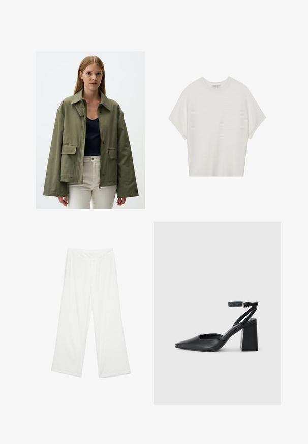 Oliwkowa kurtka z teksturowanej tkaniny, z zamkiem błyskawicznym, dwoma przednimi kieszeniami i szerokim kołnierzem. Nosi na granatowej bluzce.; Biała koszulka z krótkim rękawem o szerokim dekolcie, wykonana z miękkiego materiału, z fakturowanym prążkowanym wzorem, charakteryzująca się luźnym krojem i minimalistycznym designem.; Spodnie wide-leg w białym materiale, charakteryzujące się gładką fakturą, przednimi kieszeniami oraz klasycznym pasem z szlufkami na pasek.; Czarne skórzane czółenka z ostrym noskiem, z paskiem na kostce i grubym obcasem. Gładka faktura, elegancki design i minimalistyczna estetyka.