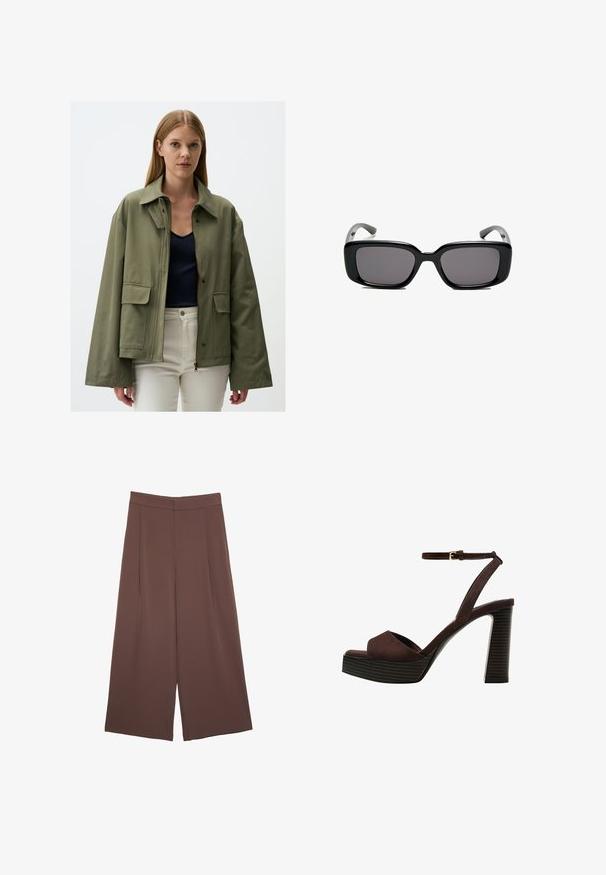 Olijfgroene jas van gestructureerde stof, met een ritsluiting, twee voorzakken en een brede kraag. Draagt over een marineblauw top.; Korte mouwen T-shirt in bruin, gemaakt van een zachte stof, met een ronde halslijn en een relaxte pasvorm. Geen zichtbare patronen of accenten.; Bruine wijde broek met een gladde textuur, voorzien van een hoge taille en plooien aan de voorkant. De stof is lichtgewicht en valt losjes.; Bruine suède high-heeled sandaal met een open teen, verstelbare enkelband en een gestreepte plateauzool.; Zwarte rechthoekige zonnebril met donkere lenzen, een gladde kunststof montuur en gebogen pootjes. Het ontwerp is robuust met een minimalistische esthetiek.