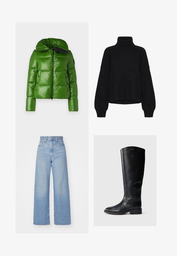 Save the duck ISLA - Winterjas - grass green; Zwarte coltrui met een cropped ontwerp, gemaakt van pluizige stof. Het heeft brede mouwen en een geribbelde textuur bij de kraag.; Lichtblauwe high-waist wijde jeans met een knoop- en ritssluiting aan de voorkant, voor- en achterzakken, op een witte achtergrond.; Zwarte leren laarzen tot de knie met een gladde afwerking, ronde neus, gestikte accenten en een lage blokhak; logo aan de bovenkant.