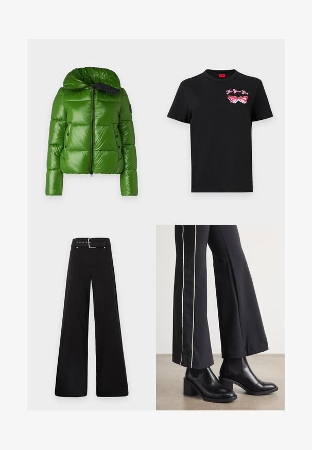 Save the duck ISLA - Winterjacke - grass green; Schwarzes Baumwoll-T-Shirt mit kurzen Ärmeln, das auf der linken Brustseite eine pinkfarbene Grafik von Sonnenbrillen und den Text "Not Your Girl" zeigt.; Schwarze weitgeschnittene Hose aus Baumwolle, mit hoher Taille, großen Seitentaschen und einem taillierten Bund mit silbernen Hardware-Akzenten.; Schwarze Lederstiefeletten mit einem Blockabsatz, ausgestattet mit elastischen seitlichen Einsätzen. Kombiniert mit schwarzen Hosen, die einen weißen Seitenstreifen haben.