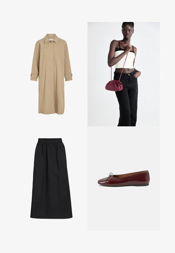 Trench coat lungo beige con bottone singolo al colletto, chiusura frontale nascosta, tasche laterali e cinturini con bottoni sui polsini.; Blusa bianca con ricami intricati, ritagli circolari e maniche decorative a volant, con orlo a scallop.; Gonna nera fino al ginocchio realizzata in tessuto morbido e leggero. Presenta una vita elastica e un design semplice e fluido, privo di ornamenti.; Ballerine in pelle verniciata bordeaux con punta arrotondata, piccolo fiocco decorativo sulla parte anteriore e suola bassa in gomma nera. Texture liscia.; Borsa a tracolla in morbido tessuto bordeaux con design arricciato e una lunga tracolla, indossata a tracolla. Il modello indossa un top corto bianco e jeans neri.