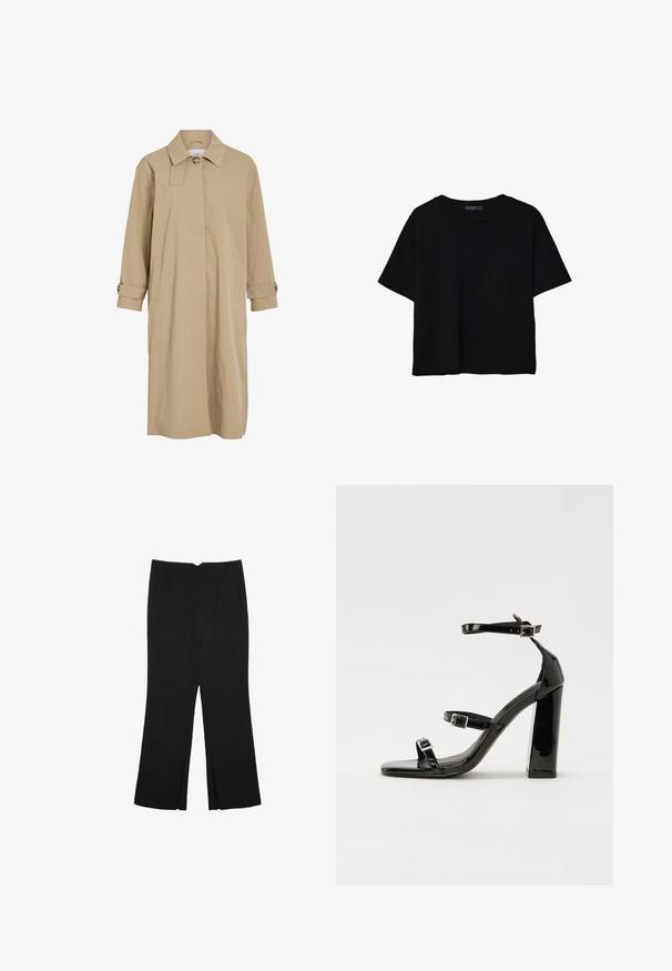 Trench coat lungo beige con bottone singolo al colletto, chiusura frontale nascosta, tasche laterali e cinturini con bottoni sui polsini.; T-shirt nera a maniche corte in cotone. Presenta un collo rotondo e una vestibilità ampia con una texture liscia e uniforme. Nessun motivo o accento visibile.; Pantaloni neri a gamba dritta, con tasche frontali e spacchi laterali all'orlo. Realizzati in tessuto morbido e liscio. Adatti a diverse occasioni.; Sandali con tacco in vernice nera, con punta squadrata, cinturini alla caviglia e fibbie in argento. Presentano un tacco a blocco spesso per maggiore stabilità.