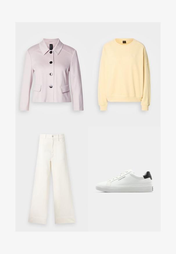Lyserød jakke med rund krave, sorte knapper og to frontlommer. Den glatte tekstur og skræddersyede design forbedrer dens strukturerede udseende.; Gul sweatshirt med rund hals og lange ærmer. Har en blød tekstur og et lille logo på brystet. Ribbet manchetter og kant.; Bredde benbukser i lys beige bomuld. Har høj talje, for- og baglommer samt lige pasform. Renset kantafslutning uden mønstre.; Hvid sneakers med en glat overflade, sort hælaccent og snørebåndsdesign. Har "Calvin Klein" branding på siden. Minimalistisk stil.