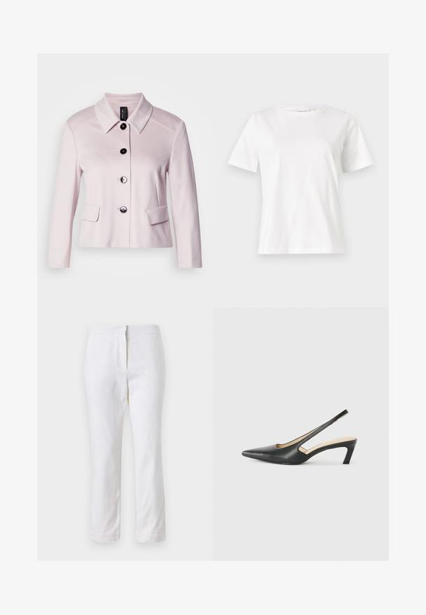 Svijetlo ružičasta jakna s okruglim kragnom, crnim gumbima i dva prednja džepa. Glatka tekstura i krojeni dizajn dodatno naglašavaju njen sadržani izgled.; Bijela pamučna majica s kratkim rukavima, okruglim izrezom i opuštenim krojem. Glatka tekstura, bez uzoraka ili akcenata, minimalistički dizajn.; Bijele pamučne hlače ravnog kroja, sa strukom srednje visine i bez vidljivih metalnih dijelova ili uzoraka. Glatka tekstura kroz cijelu dužinu.; Crne cipele s izduženim vrhom i remenom oko pete, s niskom petom, izrađene od glatke kože i s izrezbarenom stranom radi prozračnosti.