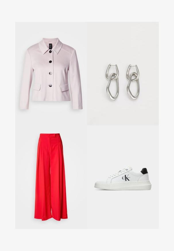 Gaiši rozā jaka ar noapaļotu apkakli, melniem pogām un divām priekšējām kabatām. Gluda tekstūra un pielāgota forma uzsver tās strukturēto izskatu.; Balta bezpiedurkņu topiņš izgatavots no gludas auduma, ar noapaļotu kakla izgriezumu un pieguļošu siluetu. Nav redzami raksti vai akcenti.; Sarkani platie bikses, izgatavotas no gluda auduma, ar priekšējām krokām, plakanu jostu un pieguļošu piegriezumu. Dizains uzsver plūstošu siluetu.; Baltā zema topa sporta apavas ar melnu papēža cilni, platformas zoli, auklēm un Calvin Klein "CK" logo sānos.; Calvin Klein STATEMENT LINKS - Auskari - silver-coloured