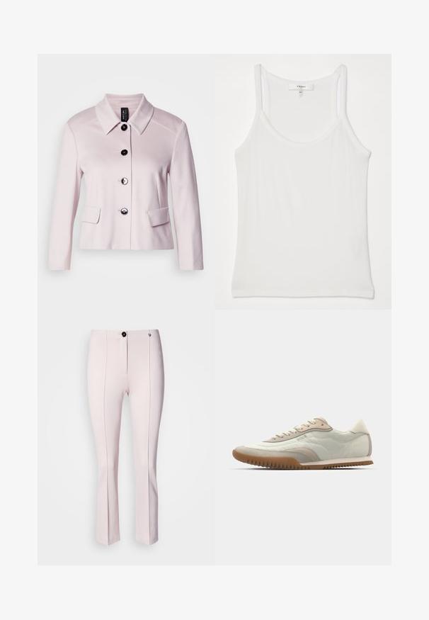 Light pink jacket with a rounded collar, black buttons, and two front pockets. Smooth texture and tailored design enhance its structured look.; White sleeveless tank top made of soft, ribbed fabric; features thin straps and a round neckline, tag reads "FRAME."; Pink tailored pants with a slight flare, featuring a front button closure, two vertical seams, and smooth texture.; White and beige sneaker featuring a smooth upper with suede accents, a textured sole, and tonal stitching. Lace-up closure with logo detail.