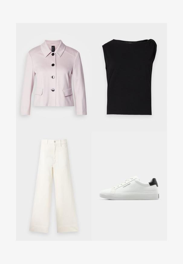 Casaco rosa claro com colarinho arredondado, botões pretos e dois bolsos frontais. A textura suave e o design ajustado realçam o seu aspeto estruturado.; Top preto de manga curta feito de tecido suave. Apresenta um decote redondo e detalhe drapeado no ombro. Design simples e ajustado.; Calças largas em algodão bege claro. Apresentam uma cintura alta, bolsos frontais e um corte reto. Acabamento de bainha limpo, sem padrões.; Sapatilha branca com acabamento liso, detalhe preto no calcanhar e design com atacadores. Apresenta a marca "Calvin Klein" na lateral. Estilo minimalista.
