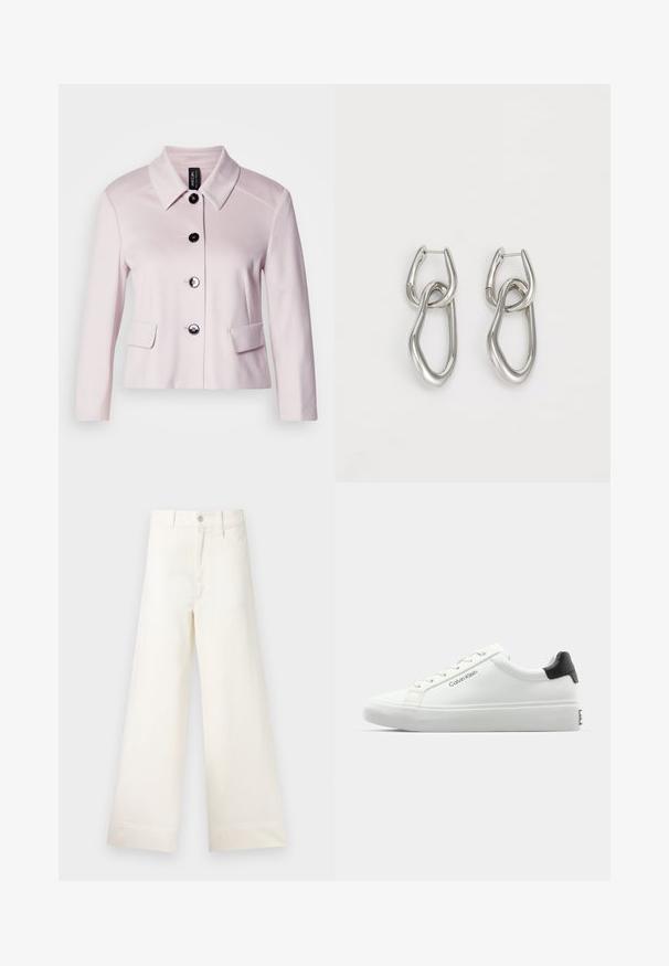 Helle rosa Jacke mit runder Kragen, schwarzen Knöpfen und zwei Fronttaschen. Die glatte Textur und das taillierte Design unterstreichen ihren strukturierten Look.; Weißes T-Shirt mit kurzen Ärmeln aus Baumwolle. Verfügt über einen runden Halsausschnitt und eine glatte Textur, mit minimal sichtbaren Nähten am Saum.; Weite Hosen aus hellem beigen Baumwollstoff. Mit hoher Taille, vorderen Taschen und geradem Schnitt. Saubere Saumverarbeitung ohne Muster.; Weißer Sneaker mit glatter Oberfläche, schwarzem Absatz und Schnürdesign. Mit "Calvin Klein"-Branding an der Seite. Minimalistischer Stil.; Calvin Klein STATEMENT LINKS - Ohrringe - silver-coloured