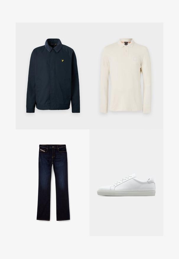 Marineblå jakke med en blød, struktureret krave, der har to sidelommer og et lille guld fuglelogo på brystet.; Langærmet polo t-shirt i lys beige, lavet af glat stof, med polo krave, to-knaps placket og et lille logo patch på brystet.; Mørkeblå denim jeans med lige ben, med orange syninger, lynlås og forlommer. Glat tekstur og standard talje.; Hvide sneakers med en glat læderoverdel og lav profil. Har en rund tå, seks snørehuller og en tekstureret gummisål.