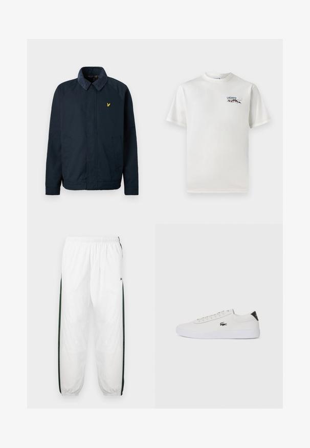 Námořnická modrá bunda s měkkým, strukturovaným límcem, která má dvě boční kapsy a malou zlatou ptáčí symboliku na hrudi.; Bílá bavlněná tričko s kulatým výstřihem, krátkými rukávy a malým vyšitým logem zobrazujícím hory a text na levé straně hrudi.; Bílé tepláky s tmavě zelenými postranními panely. Lehký materiál, elastický pas a stahované lemy. Obsahují síťovanou texturu na postranních panelech.; Bílé kožené tenisky s kulatou špičkou, šněrováním vpředu a černým akcentem na patě. Na boku se nachází malé vyšívané logo krokodýla.