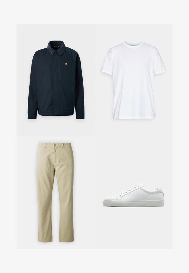 Navy blue jacket with a soft, textured collar, featuring two side pockets and a small gold bird logo on the chest.; White cotton t-shirt with short sleeves, round crew neckline, and a relaxed fit. Features minimalistic design, no patterns or accents.; Beige cotton trousers with a straight-leg design, front button closure, and belt loops. Smooth texture, no visible patterns or accents.; White sneaker with a smooth leather upper and a low profile. Features a rounded toe, six eyelets, and a textured rubber sole.