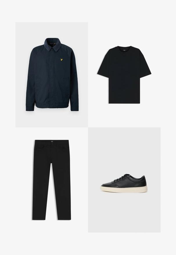 Giacca blu navy con un colletto morbido e testurizzato, dotata di due tasche laterali e un piccolo logo di un uccellino dorato sul petto.; Maglietta in cotone nera con scollatura rotonda e maniche corte. Presenta una vestibilità ampia e un design semplice senza motivi o dettagli.; Pantaloni in denim nero con taglio dritto, dotati di vita standard, cinque tasche e chiusura con bottone. Texture liscia su tutta la superficie.; Sneaker in pelle nera a basso profilo con lacci neri e suola avorio, mostrato di profilo su sfondo bianco.