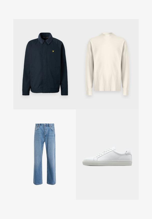 Marineblå jacka med en mjuk, texturerad krage, med två sidofickor och en liten gyllen fågel-logotyp på bröstet.; Långärmad tröja med hög krage i ljus gräddfärgad bomull. Slät struktur, avslappnad passform, minimalistisk design, utan synliga mönster eller detaljer.; Ljust blå denimjeans med rak passform, fem fickor, knappstängning, minimal blekning och kontrasterande sömdetaljer.; Vit sneaker med en slät läderövre och låg profil. Har en rundad tå, sex snörhål och en strukturerad gummisula.