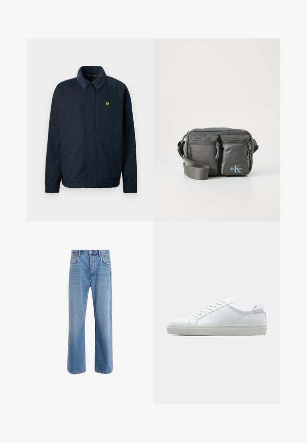 Tengerészkék kabát, puha, textúrált gallérral, két oldalsó zsebbel és egy kis arany madár logóval a mellrészen.; Hosszú ujjú, állógalléros ing világos krém színű pamutból. Sima textúra, laza fit, minimalista dizájn, nincs látható minta vagy kiegészítő.; Világoskék farmernadrág, egyenes szárú fazonnal, öt zsebbel, gombos záródással, minimális kopással és kontrasztos varrással.; Fehér sportcipő sima bőr felső résszel és alacsony profilsal. Kerek orr, hat fűzőlyuk és barázdált gumitalp jellemzi.; Szürke nylon keresztpántos táska két cipzáras elülső zsebbel, állítható pánttal és logó kiemeléssel. Simaság jellemzi, modern dizájnnal.