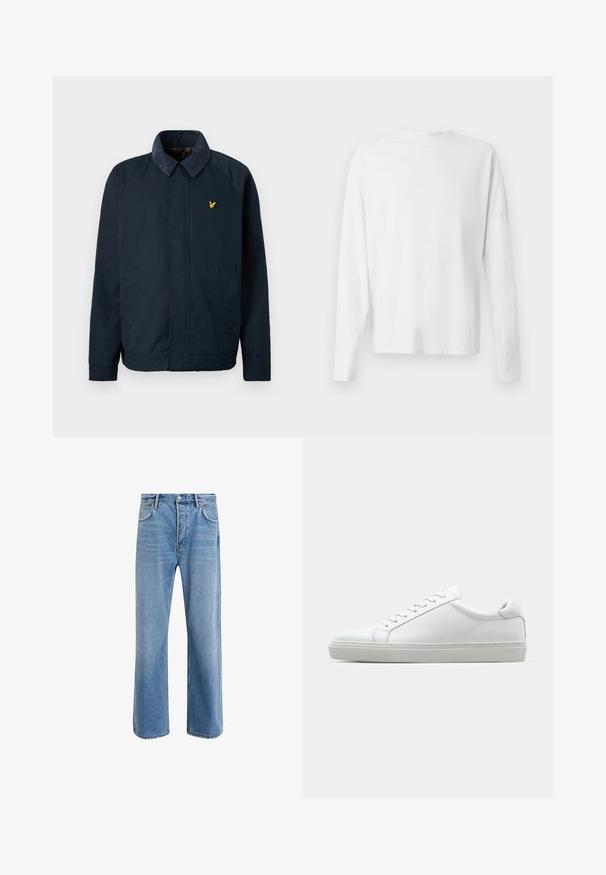 Jachetă bleu marin cu un guler moale și texturat, având două buzunare laterale și un mic logo aurit cu pasăre pe piept.; Cămașă albă din bumbac cu mâneci lungi, decolteu rotund, fante pe laterale la baza, cu o textură netedă, expusă din spate.; Jeans din denim bleu deschis cu un design drept, cinci buzunare, închidere cu buton, decolorare minimă și detalii de cusătură în contrast.; Adidași albi cu o suprafață din piele netedă și un profil jos. Au un vârf rotunjit, șase orificii pentru șireturi și o talpă din cauciuc texturată.