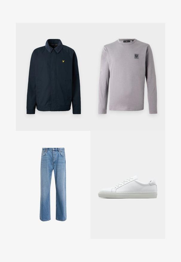 Tumed sinine jakk, millel on pehme, tekstureeritud krae, sisaldab kahte küljetaskut ja väikest kuldset linnulogo rinnal.; Hall hall varrukatega T-särk pehmest puuvillast. Omadused on ümar kaelus ja väike tume silt rinnal. Sile tekstuur, vabaajalisem disain.; Heledad sinine teksapüksid otse lõikega, viie taskuga, nupuga sulgemine, minimaalne kulumine ja kontrastsed õmbluse detailid.; Valge tennisetoss, millel on sile nahk pealis ja madal profiil. Omab ümarat ninaosa, kuut silmust ja tekstuuriga kummist talda.