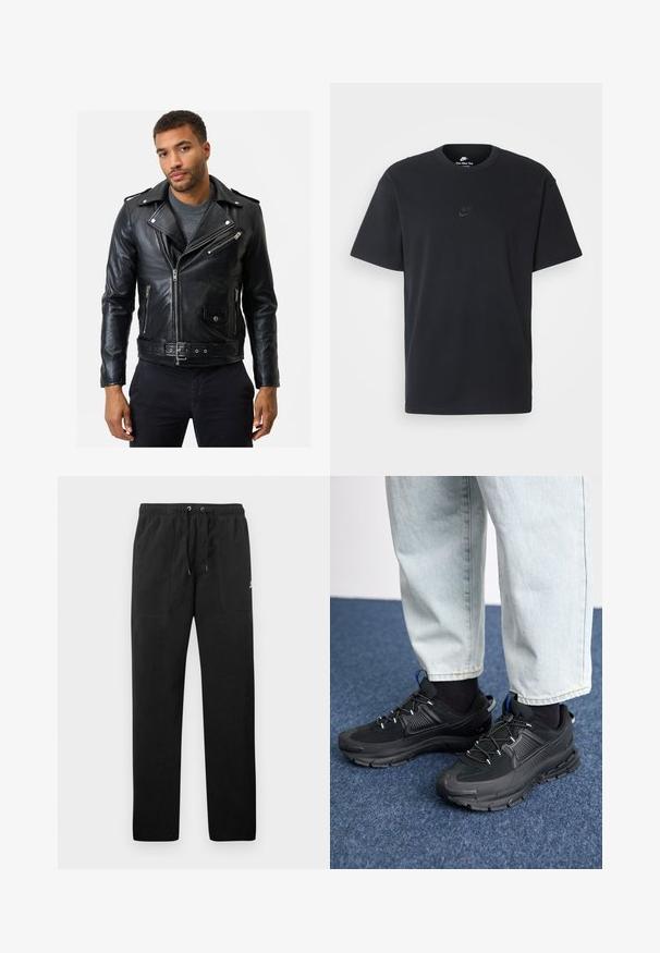 Zwarte leren motorjack met ritszakken, een riem in de taille en een kraag. Soepele textuur en aansluitend ontwerp.; Zwarte katoenen t-shirt van Nike met een klassieke ronde hals, korte mouwen en een subtiele, reliëflogo op de borst. Gladde textuur.; Zwarte sweatpants van fleece, met een elastische tailleband met trekkoorden, twee voorzakken en een klein logo op de dij.; Zwarte sportschoenen met gestructureerde stof en rubberen zolen, met elastische veters en een blauwe accent op de hiel. Draag samen met lichte spijkerbroeken.