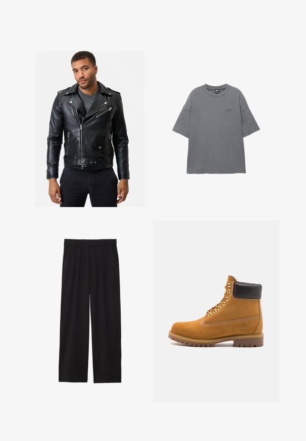 Zwarte leren motorjack met ritszakken, een riem in de taille en een kraag. Soepele textuur en aansluitend ontwerp.; Grijze korte mouwen t-shirt met een ronde hals, gemaakt van katoen, met een subtiele geborduurde logo op de borst. Zachte textuur.; Zwarte wijde broek met geplooide voorkant, zijzakken en een gladde stoftextuur. Ontworpen voor een ontspannen pasvorm.; Tan suède enkelboot met zwart gevoerd kraagje, gouden metalen oogjes, witte stikdetails en een robuuste rubberen zool met uitgesproken profiel.