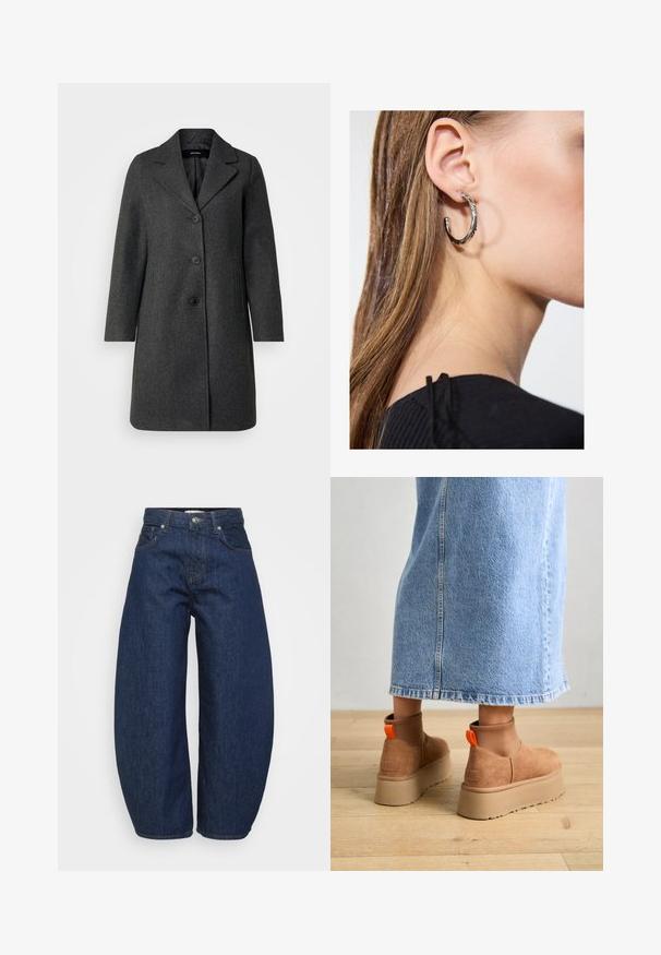 Hall gray villane coat, millekraega, kolme nööbi ja küljetaskutega. Sirge disain ja keskmise pikkusega lõige, minimaalne tekstuur.; Even&Odd Petite 2 PACK - Topp - light grey/black; Kõrge vöökohaga tumesinised denim püksid laia säärega, esine nupuga ja tõmblukuga sulgemine ning klassikaline viie tasku disain.; Pruunid nahatooted platvormikontsad elastsete külgpaneelidega ja oranžide tõmbetuttidega, koos puusani ulatuva heleda denim-seelikuga puidust põrandal.; Hõbedane rõngas kõrvarõngas poleeritud viimistlusega, millel on väikesed kuldsed aktsendid ja ümmargune kuju, kantud lobus.