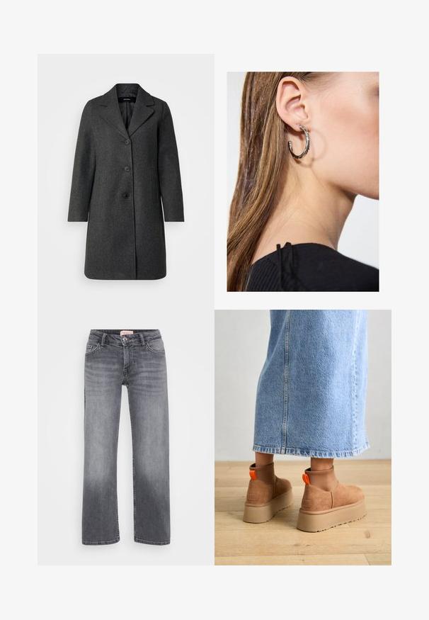 Grå ullkappor med snibbhals, tre knappar och sidofickor. Rakt design och medellång klippning, minimal textur.; Even&Odd Petite 2 PACK - Linne - light grey/black; Grå denimjeans med rak passform, femficksdesign, subtil blekning och knappstängning i midjan.; Bruna mockakängor med plattform och elastiska sidopaneler samt orange dragflikar, till kombinerade med en knälång ljus denimkjol på ett trägolv.; Silverörhänge med polerad yta, med små detaljer i guld och rund form, bärs på loben.
