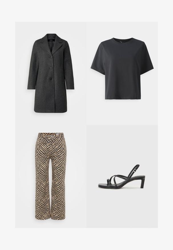 Grau Wolle Mantel mit Reverskragen, drei Knöpfen und Seitentaschen. Gerades Design und mittellanger Schnitt, minimale Textur.; Schwarzes Baumwoll-T-Shirt, kurze Ärmel, Rundhalsausschnitt, lässige Passform, glatte Textur, einfaches Design, keine Muster oder Akzente.; Hose mit weitem Bein im Zebra-Print, mit beigen und schwarzen Streifen, aus weichem Stoff, mit Fronttaschen und Knopfverschluss.; Schwarze Sandale mit Riemchen, quadratischer Zehenform und niedrigem Blockabsatz. Verfügt über mehrere dünne Riemen und einen verstellbaren Knöchelriemen. Hergestellt aus glattem Leder.