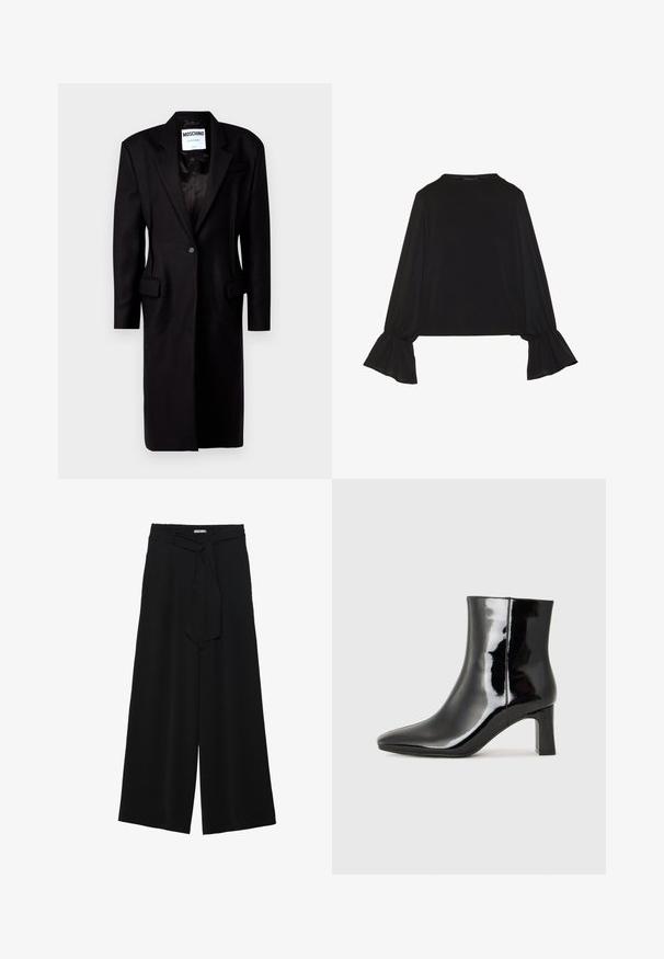 Svart blazerjacka med slagknäppning, enkel knappstängning, två framfickor och en längre silhuett. Tillverkad av en texturerad ullblandning.; Svart långärmad topp med utställda ärmslut, mjuk textur och avslappnad passform, med en enkel rund halsringning.; Svarta vida byxor med texturerad tyg, elastisk midja och en avtagbar käppknut i midjan för justerbar passform.; Svart lackläder ankelboot med spetsig tå och en medelhög klack. Slät textur och minimalistisk design.