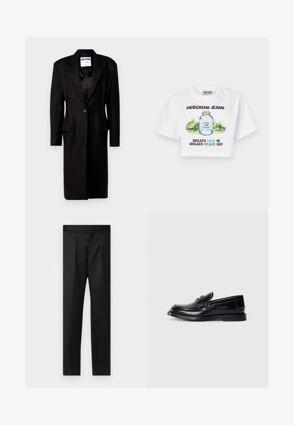 Melns bleizera džemperis ar iegriezumiem uz apkakles, viens pogas aizdare, divas priekšējās kabatas un garāks siluets. Izgatavots no teksturēta vilnas maisījuma auduma.; Balta īsā topa krekls ar grafiku, kurā attēlots stikla burkas ar zaļu lapotni. Melna un zila krāsā rakstīts "MOSCHINO JEANS" un frāzes par mīlestību un mieru.; Melnas bikses ar gludu audumu, pielāgotu dizainu, taisnām kājām un platu jostu bez redzamām aizdaram vai kabatām.; Melna ādas loaferi ar izšuvuma dizainu, nelielu priekšējo atloku un plakanu gumijas zoli. Gluda tekstūra ar zeltainām detaļām.