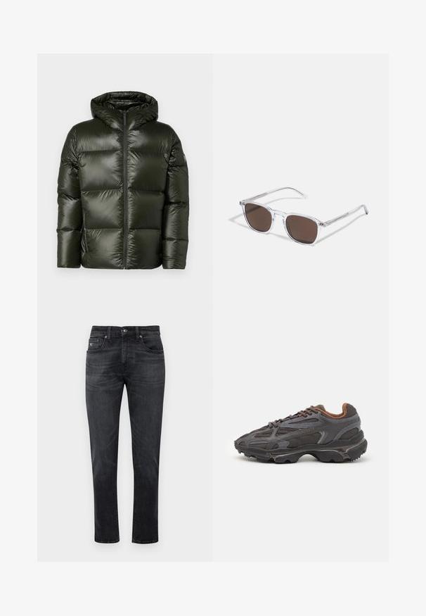 Belstaff RESOLVE JACKET - Dunjakker - tile green; Sort langærmet t-shirt lavet af bomuld, med rund halsudskæring og et lille grønt broderet krokodillelogo på venstre bryst.; Sorte denimjeans med lige ben, der har fem-lomme-design og lynlås. Subtilt fald og syninger på lommerne.; Lacoste sneakers i mørkegrå med mesh og syntetisk materiale, udstyret med en tekstureret sål og brune accenter på kraven og brandingen.; Klare plastik solbriller med rektangulære brune linser, med tynde, transparente stænger og metal accenter på templerne.